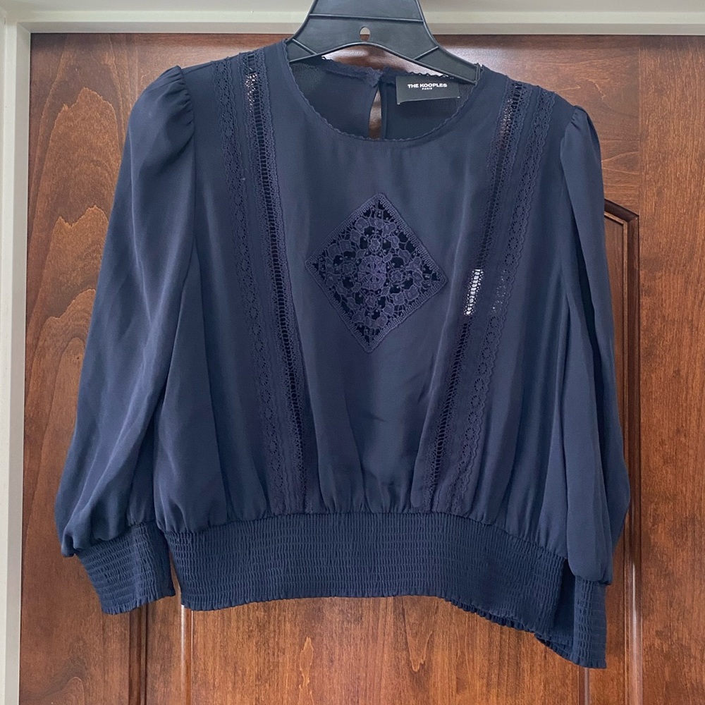 The Kooples Womens Navy Cropped Blouse with crochet details Fr Sz 3 US 8 NWT